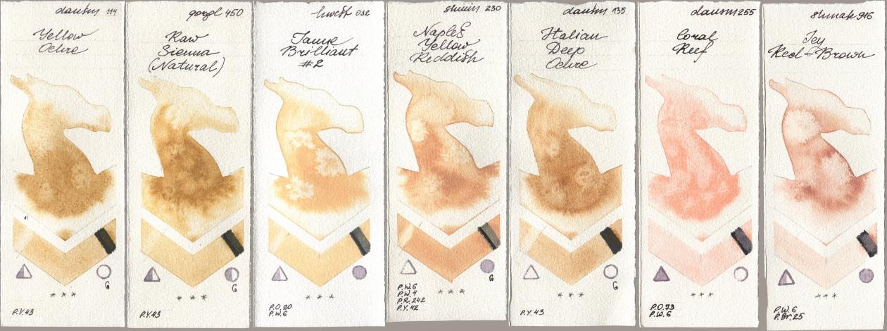 Daniel Smith 114 Yellow Ochre, Golden QOR 450 Raw Sienna (Natural), Holbein Artists Watercolor 032 Jaune Brillant No 2, Shminke Horadam Aquarell 230 Naples Yellow Reddish, 135 Italian Deep Ochre, 255 Coral Reef, Shminke Akademie Aquarell 916 Icy Red-Bro watercolor swatch