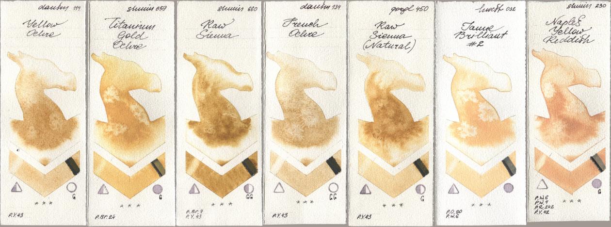 Daniel Smith 114 Yellow Ochre, Shminke Horadam Aquarell 659 Titanium Gold Ochre, 660 Raw Sienna, 134 French Ochre, Golden QOR 450 Raw Sienna (Natural), Holbein Artists Watercolor 032 Jaune Brillant No 2, 230 Naples Yellow Reddi watercolor swatch