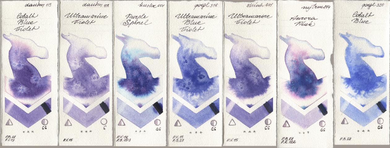 Daniel Smith 115 Cobalt Blue Violet, 108 Ultramarine Violet, Kusakabe 001 Purple Spinel, Golden QOR 316 Ultramarine Blue Violet, Shinhan PWC 641 Ultramarine Violet, Mijello Mission Gold 814 Aurora Pink, 320 Cobalt Bl watercolor swatch