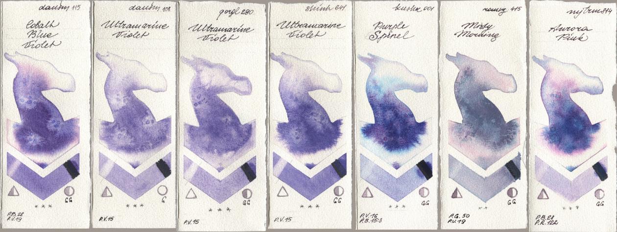 Daniel Smith 115 Cobalt Blue Violet, 108 Ultramarine Violet, Golden QOR 290 Ultramarine Violet, Shinhan PWC 641 Ultramarine Violet, Kusakabe 001 Purple Spinel, Roman Szmal Aquarius 415 Misty Morning, Mijello Mission Gold 814 Aurora Pi watercolor swatch