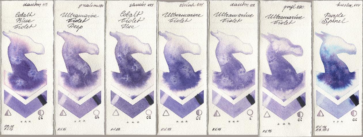Daniel Smith 115 Cobalt Blue Violet, M. Graham & Co. Artists 194 Ultramarine Violet Deep, Shminke Horadam Aquarell 473 Cobalt Violet Hue, Shinhan PWC 641 Ultramarine Violet, 108 Ultramarine Violet, Golden QOR 290 Ultramarine Violet, Kusakabe 001 Purple Spin watercolor swatch