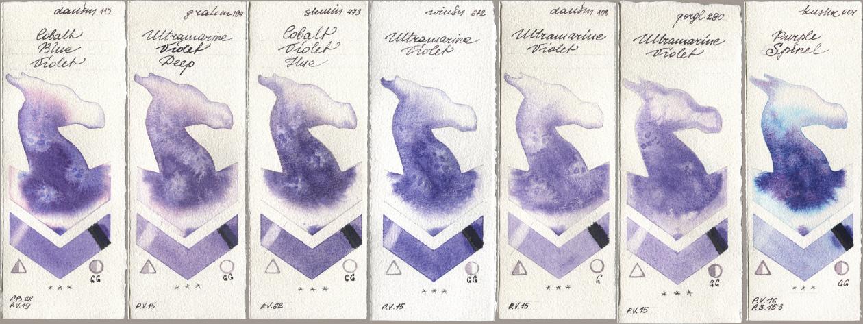 Daniel Smith 115 Cobalt Blue Violet, M. Graham & Co. Artists 194 Ultramarine Violet Deep, Shminke Horadam Aquarell 473 Cobalt Violet Hue, Winsor & Newton Professional 672 Ultramarine Violet, 108 Ultramarine Violet, Golden QOR 290 Ultramarine Violet, Kusakabe 001 Purple Spin watercolor swatch
