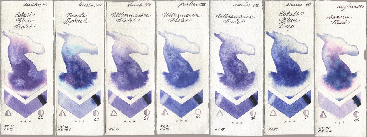 Daniel Smith 115 Cobalt Blue Violet, Kusakabe 001 Purple Spinel, Shinhan PWC 641 Ultramarine Violet, M. Graham & Co. Artists 193 Ultramarine Violet, Winsor & Newton Professional 672 Ultramarine Violet, Shminke Horadam Aquarell 488 Cobalt Blue Deep, Mijello Mission Gold 814 Aurora Pi watercolor swatch
