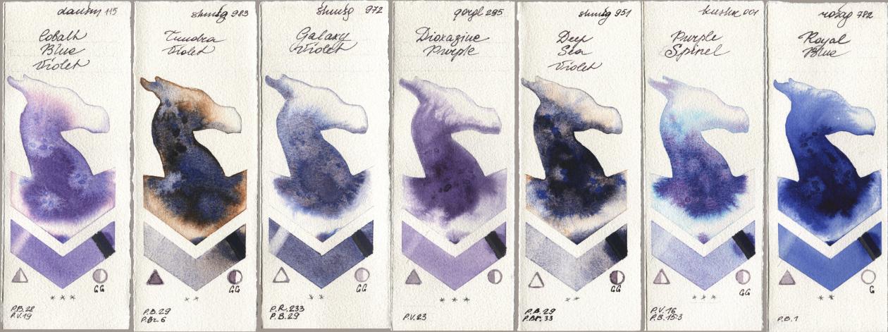 Daniel Smith 115 Cobalt Blue Violet, Shminke Horadam Aquarell 983 Tundra Violet, 972 Galaxy Violet, Golden QOR 295 Dioxazine Purple, 951 Deep Sea Violet, Kusakabe 001 Purple Spinel, Rosa Gallery 782 Royal Bl watercolor swatch