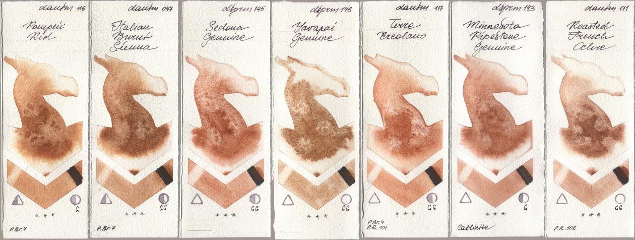 Daniel Smith 116 Pompeii Red, 047 Italian Burnt Sienna, 145 Sedona Genuine, 146 Yavapai Genuine, 117 Terre Ercolano, 143 Minnesota Pipestone Genuine, 171 Roasted French Och watercolor swatch
