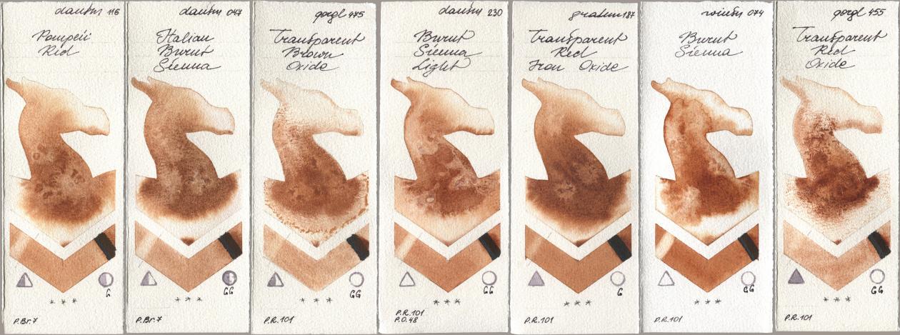 Daniel Smith 116 Pompeii Red, 047 Italian Burnt Sienna, Golden QOR 475 Transparent Brown Oxide, 230 Burnt Sienna Light, M. Graham & Co. Artists 187 Transparent Red Iron Oxide, Winsor & Newton Professional 074 Burnt Sienna, 455 Transparent Red Oxi watercolor swatch