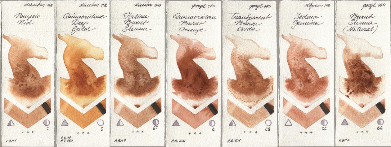 Daniel Smith 116 Pompeii Red, 152 Quinacridone Deep Gold, 047 Italian Burnt Sienna, Golden QOR 165 Quinacridone Burnt Orange, 475 Transparent Brown Oxide, 145 Sedona Genuine, 470 Burnt Sienna (Natura watercolor swatch