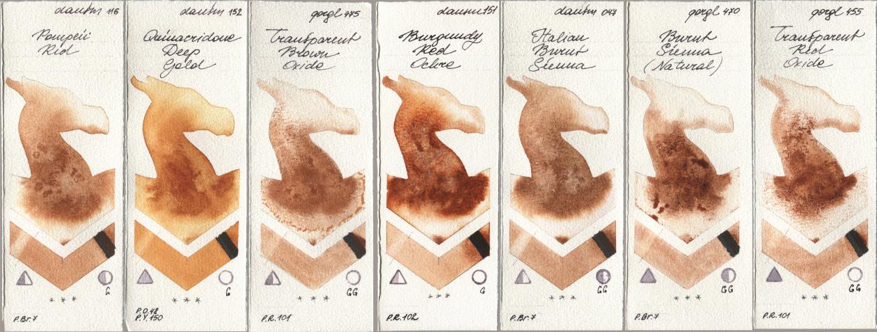 Daniel Smith 116 Pompeii Red, 152 Quinacridone Deep Gold, Golden QOR 475 Transparent Brown Oxide, 151 Burgundy Red Ochre, 047 Italian Burnt Sienna, 470 Burnt Sienna (Natural), 455 Transparent Red Oxi watercolor swatch