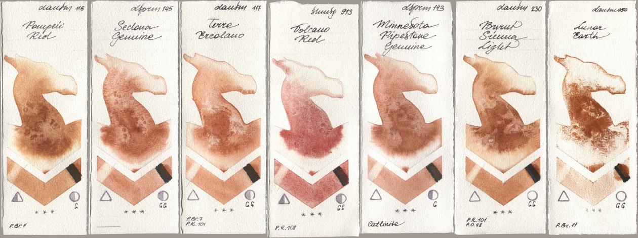 Daniel Smith 116 Pompeii Red, 145 Sedona Genuine, 117 Terre Ercolano, Shminke Horadam Aquarell 913 Volcano Red, 143 Minnesota Pipestone Genuine, 230 Burnt Sienna Light, 050 Lunar Ear watercolor swatch