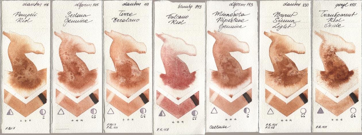 Daniel Smith 116 Pompeii Red, 145 Sedona Genuine, 117 Terre Ercolano, Shminke Horadam Aquarell 913 Volcano Red, 143 Minnesota Pipestone Genuine, 230 Burnt Sienna Light, Golden QOR 455 Transparent Red Oxi watercolor swatch