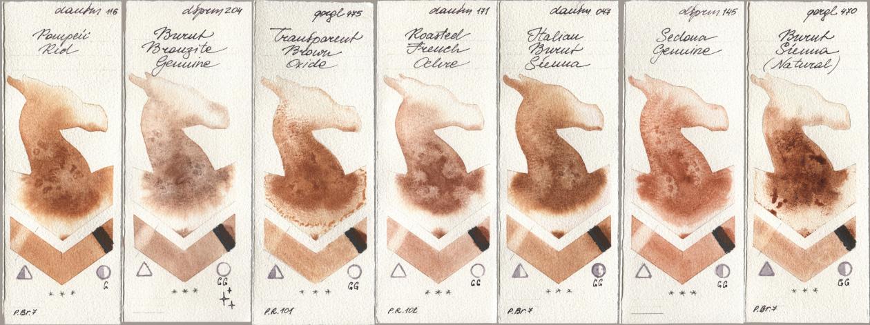 Daniel Smith 116 Pompeii Red, 204 Burnt Bronzite Genuine, Golden QOR 475 Transparent Brown Oxide, 171 Roasted French Ochre, 047 Italian Burnt Sienna, 145 Sedona Genuine, 470 Burnt Sienna (Natura watercolor swatch
