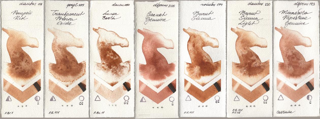Daniel Smith 116 Pompeii Red, Golden QOR 475 Transparent Brown Oxide, 050 Lunar Earth, 205 Garnet Genuine, Winsor & Newton Professional 074 Burnt Sienna, 230 Burnt Sienna Light, 143 Minnesota Pipestone Genui watercolor swatch