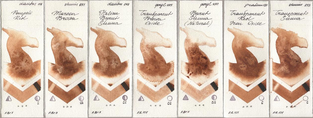 Daniel Smith 116 Pompeii Red, Shminke Horadam Aquarell 651 Maroon Brown, 047 Italian Burnt Sienna, Golden QOR 475 Transparent Brown Oxide, 470 Burnt Sienna (Natural), M. Graham & Co. Artists 187 Transparent Red Iron Oxide, 653 Transparent Sien watercolor swatch
