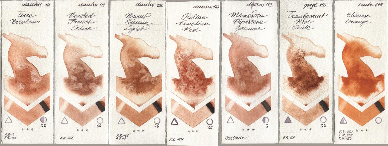 Daniel Smith 117 Terre Ercolano, 171 Roasted French Ochre, 230 Burnt Sienna Light, 122 Italian Venetian Red, 143 Minnesota Pipestone Genuine, Golden QOR 455 Transparent Red Oxide, Sennelier l Aquarelle 645 Chinese Oran watercolor swatch