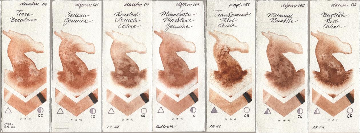 Daniel Smith 117 Terre Ercolano, 145 Sedona Genuine, 171 Roasted French Ochre, 143 Minnesota Pipestone Genuine, Golden QOR 455 Transparent Red Oxide, 166 Mummy Bauxite, 136 English Red Och watercolor swatch
