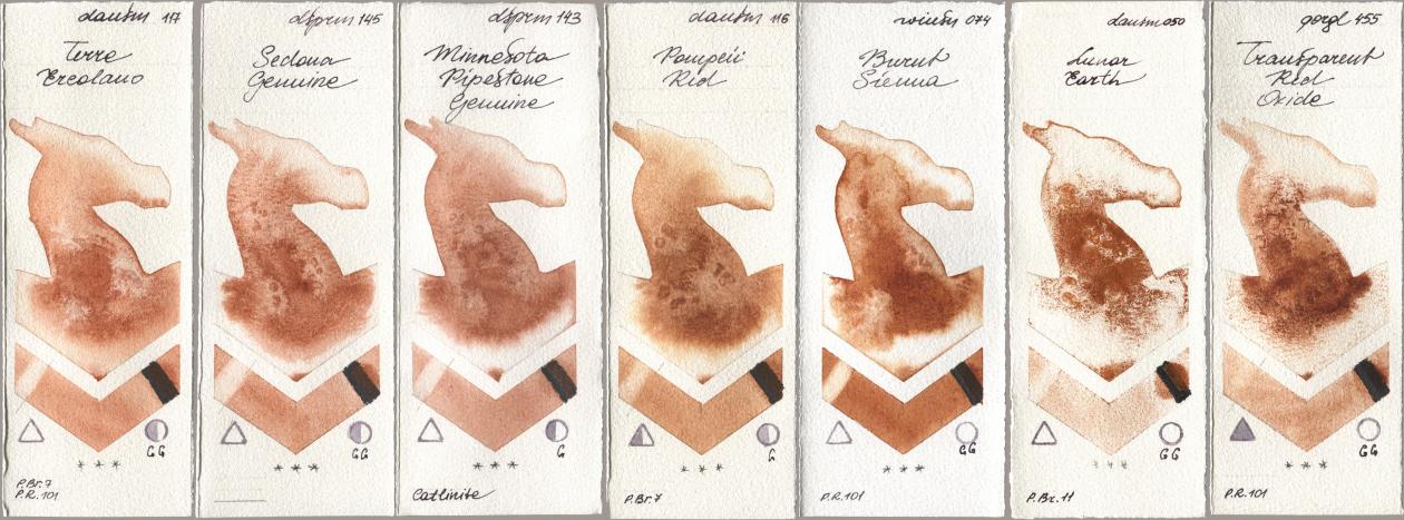 Daniel Smith 117 Terre Ercolano, 145 Sedona Genuine, 143 Minnesota Pipestone Genuine, 116 Pompeii Red, Winsor & Newton Professional 074 Burnt Sienna, 050 Lunar Earth, Golden QOR 455 Transparent Red Oxi watercolor swatch