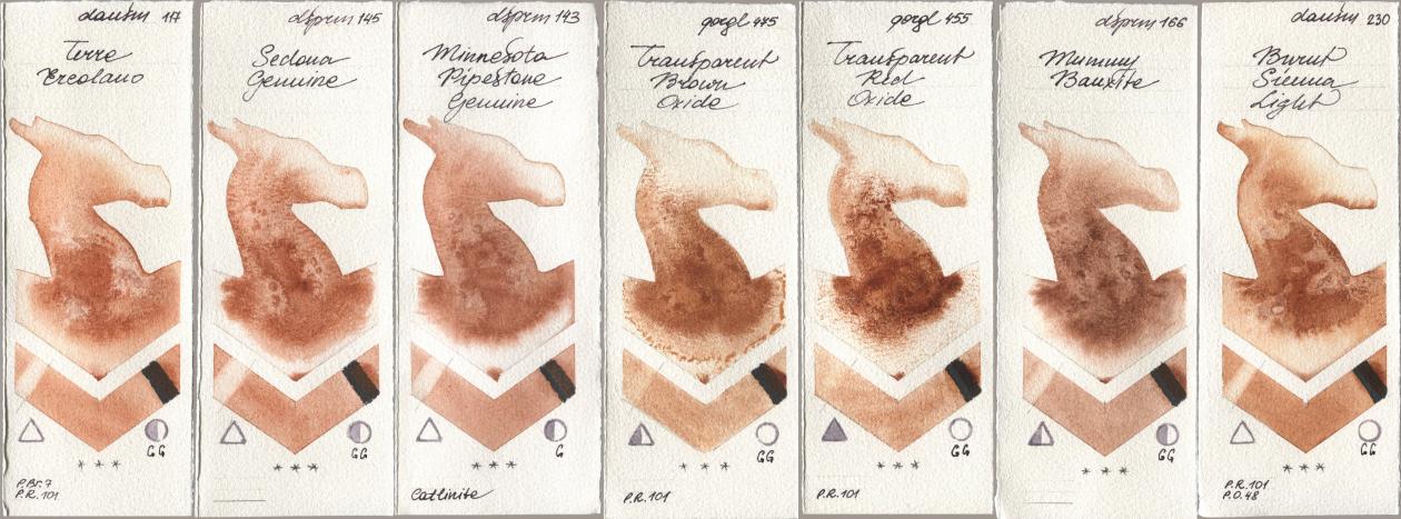 Daniel Smith 117 Terre Ercolano, 145 Sedona Genuine, 143 Minnesota Pipestone Genuine, Golden QOR 475 Transparent Brown Oxide, 455 Transparent Red Oxide, 166 Mummy Bauxite, 230 Burnt Sienna Lig watercolor swatch