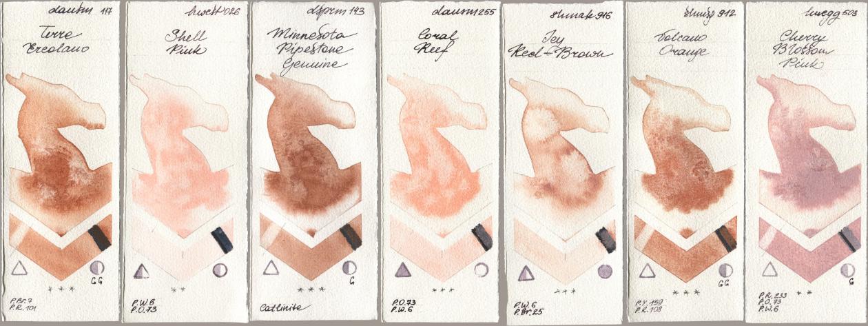 Daniel Smith 117 Terre Ercolano, Holbein Artists Watercolor 026 Shell Pink, 143 Minnesota Pipestone Genuine, 255 Coral Reef, Shminke Akademie Aquarell 916 Icy Red-Brown, Shminke Horadam Aquarell 912 Volcano Orange, 503 Cherry Blossom Pi watercolor swatch