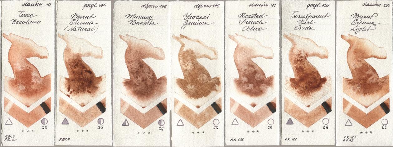 Daniel Smith 117 Terre Ercolano, Golden QOR 470 Burnt Sienna (Natural), 166 Mummy Bauxite, 146 Yavapai Genuine, 171 Roasted French Ochre, 455 Transparent Red Oxide, 230 Burnt Sienna Lig watercolor swatch