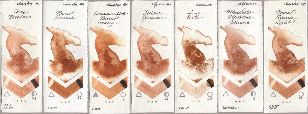 Daniel Smith 117 Terre Ercolano, Winsor & Newton Professional 074 Burnt Sienna, 086 Quinacridone Burnt Orange, 145 Sedona Genuine, 050 Lunar Earth, 143 Minnesota Pipestone Genuine, 230 Burnt Sienna Lig watercolor swatch