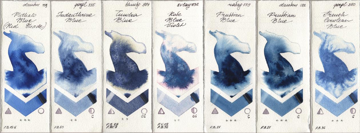Daniel Smith 119 Phthalo Blue (Red Shade), Golden QOR 335 Indanthrone Blue, Shminke Horadam Aquarell 984 Tundra Blue, SuperVision 736 Rose Blue Violet, Rosa Gallery 779 Prussian Blue, 082 Prussian Blue, 350 French Cerulean Bl watercolor swatch
