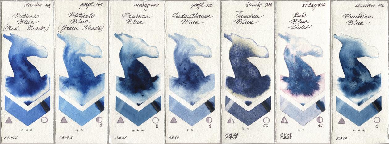Daniel Smith 119 Phthalo Blue (Red Shade), Golden QOR 345 Phthalo Blue (Green Shade), Rosa Gallery 779 Prussian Blue, 335 Indanthrone Blue, Shminke Horadam Aquarell 984 Tundra Blue, SuperVision 736 Rose Blue Violet, 082 Prussian Bl watercolor swatch