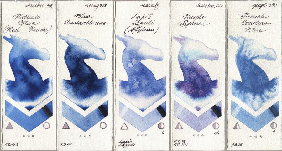 Daniel Smith 119 Phthalo Blue (Red Shade), Rosa Gallery 738 Blue Indanthrene, Roman Szmal Aquarius 999 Lapis Lazuli Afghan, Kusakabe 001 Purple Spinel, Golden QOR 350 French Cerulean Bl watercolor swatch
