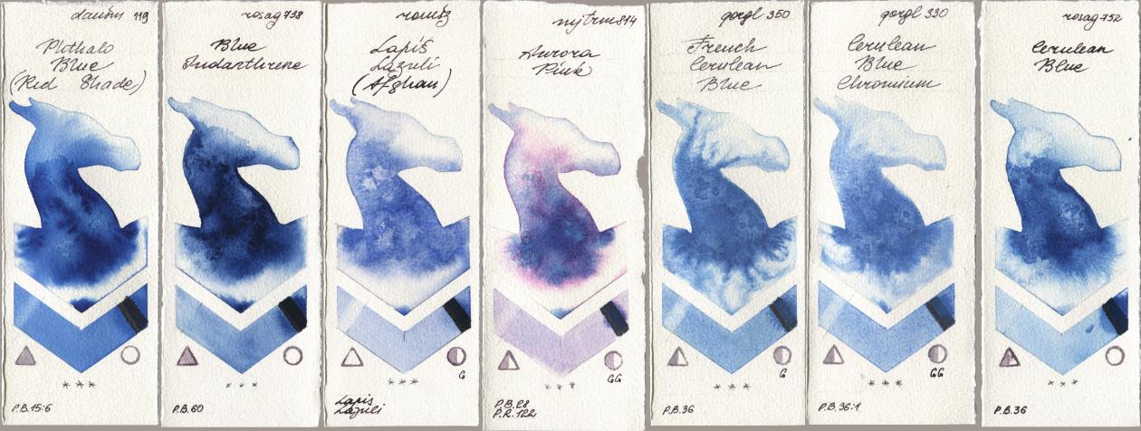 Daniel Smith 119 Phthalo Blue (Red Shade), Rosa Gallery 738 Blue Indanthrene, Roman Szmal Aquarius 999 Lapis Lazuli Afghan, Mijello Mission Gold 814 Aurora Pink, Golden QOR 350 French Cerulean Blue, 330 Cerulean Blue, Chromium, 752 Cerulean Bl watercolor swatch
