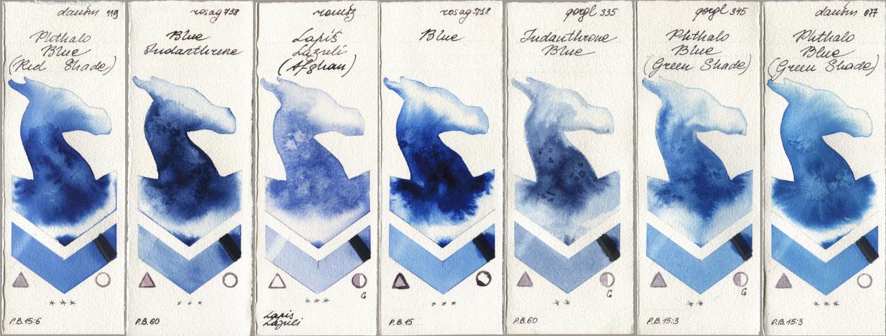 Daniel Smith 119 Phthalo Blue (Red Shade), Rosa Gallery 738 Blue Indanthrene, Roman Szmal Aquarius 999 Lapis Lazuli Afghan, 718 Blue, Golden QOR 335 Indanthrone Blue, 345 Phthalo Blue (Green Shade), 077 Phthalo Blue (Green Shad watercolor swatch