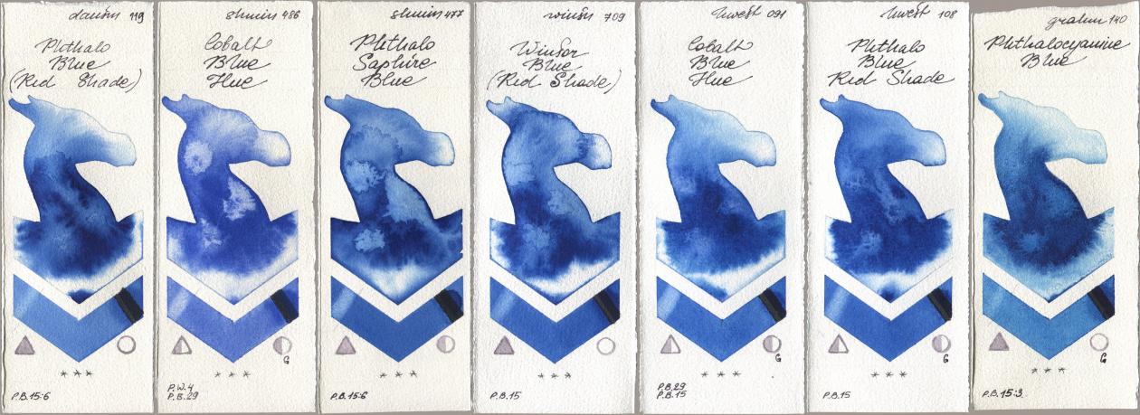 Daniel Smith 119 Phthalo Blue (Red Shade), Shminke Horadam Aquarell 486 Cobalt Blue Hue, 477 Phthalo Saphire Blue, Winsor & Newton Professional 709 Winsor Blue (Red Shade), Holbein Artists Watercolor 091 Cobalt Blue Hue, 108 Phthalo Blue Red Shade, M. Graham & Co. Artists 140 Phthalocyanine Bl watercolor swatch