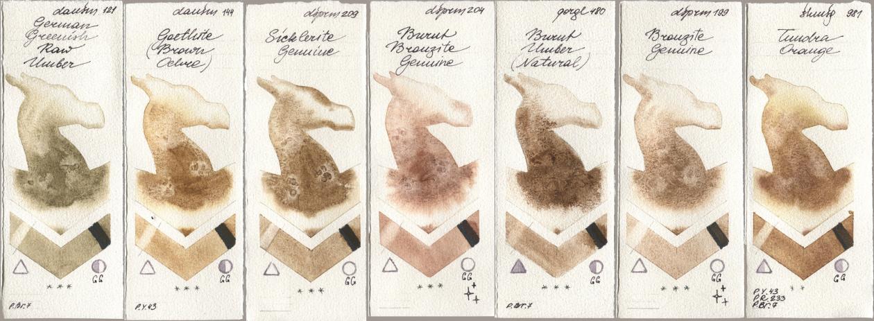 Daniel Smith 121 German Greenish Raw Umber, 144 Goethite (Brown Ochre), 209 Sicklerite Genuine, 204 Burnt Bronzite Genuine, Golden QOR 480 Burnt Umber (Natural), 199 Bronzite Genuine, Shminke Horadam Aquarell 981 Tundra Oran watercolor swatch