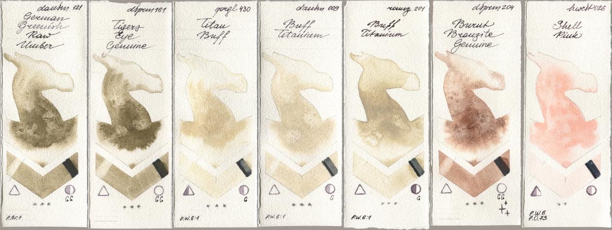 Daniel Smith 121 German Greenish Raw Umber, 161 Tigers Eye Genuine, Golden QOR 430 Titan Buff, 009 Buff Titanium, Roman Szmal Aquarius 201 Buff Titanium, 204 Burnt Bronzite Genuine, Holbein Artists Watercolor 026 Shell Pi watercolor swatch
