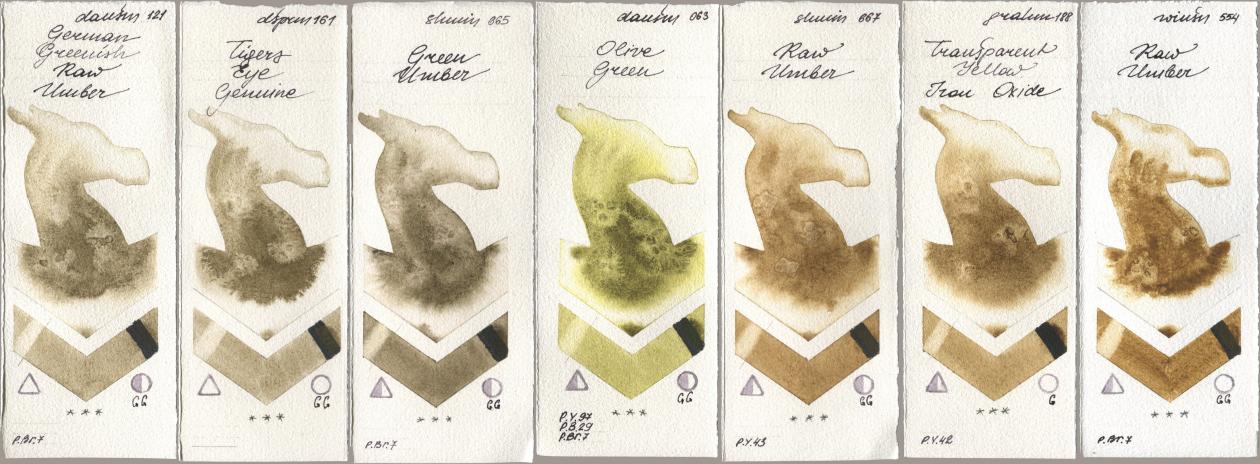Daniel Smith 121 German Greenish Raw Umber, 161 Tigers Eye Genuine, Shminke Horadam Aquarell 665 Green Umber, 063 Olive Green, 667 Raw Umber, M. Graham & Co. Artists 188 Transparent Yellow Iron Oxide, Winsor & Newton Professional 554 Raw Umb watercolor swatch