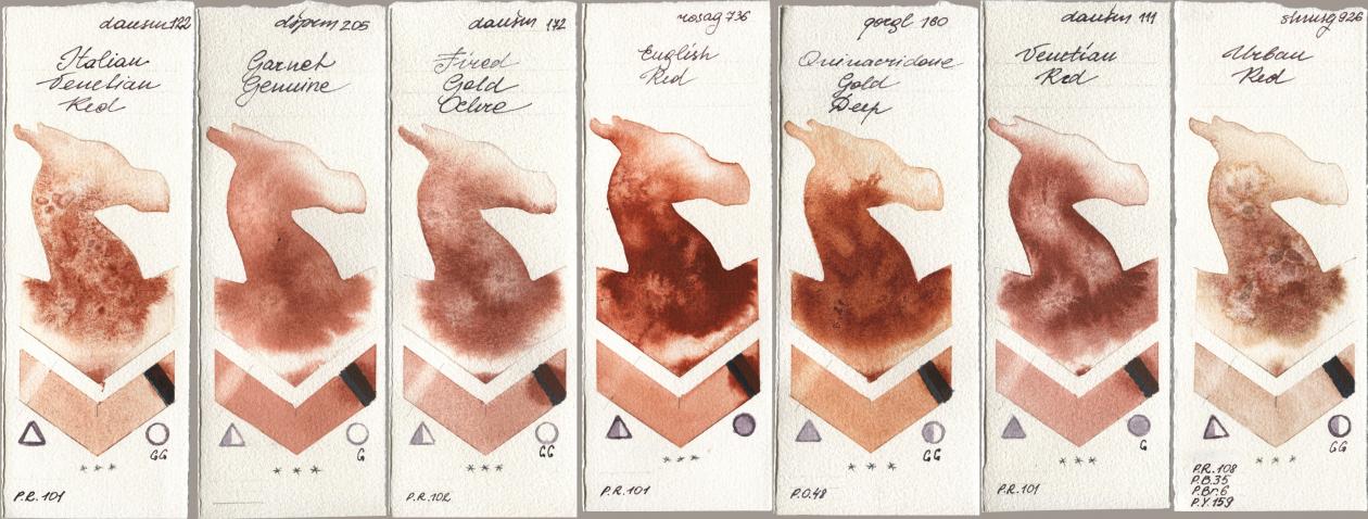 Daniel Smith 122 Italian Venetian Red, 205 Garnet Genuine, 172 Fired Gold Ochre, Rosa Gallery 736 English Red, Golden QOR 160 Quinacridone Gold Deep, 111 Venetian Red, Shminke Horadam Aquarell 926 Urban R watercolor swatch
