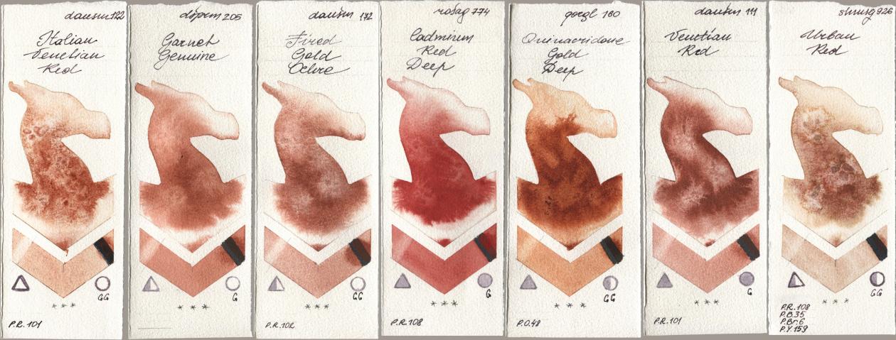 Daniel Smith 122 Italian Venetian Red, 205 Garnet Genuine, 172 Fired Gold Ochre, Rosa Gallery 774 Cadmium Red Deep, Golden QOR 160 Quinacridone Gold Deep, 111 Venetian Red, Shminke Horadam Aquarell 926 Urban R watercolor swatch