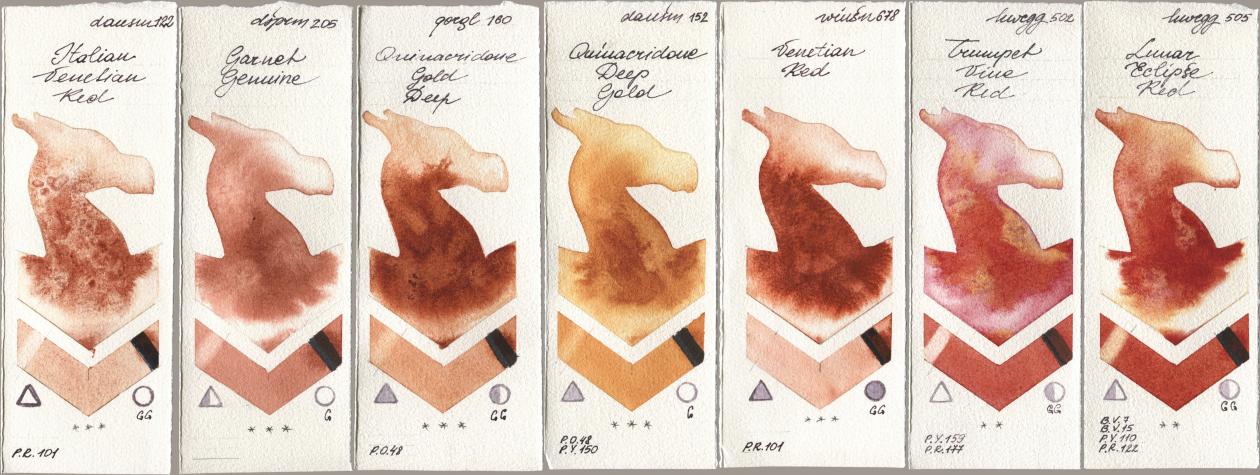 Daniel Smith 122 Italian Venetian Red, 205 Garnet Genuine, Golden QOR 160 Quinacridone Gold Deep, 152 Quinacridone Deep Gold, Winsor & Newton Professional 678 Venetian Red, Holbein Artists Watercolor 502 Trumpet Vine Red, 505 Lunar Eclipse R watercolor swatch