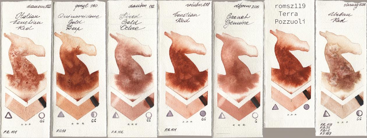 Daniel Smith 122 Italian Venetian Red, Golden QOR 160 Quinacridone Gold Deep, 172 Fired Gold Ochre, Winsor & Newton Professional 678 Venetian Red, 205 Garnet Genuine, my 119 pozzuoli, Shminke Horadam Aquarell 926 Urban R watercolor swatch