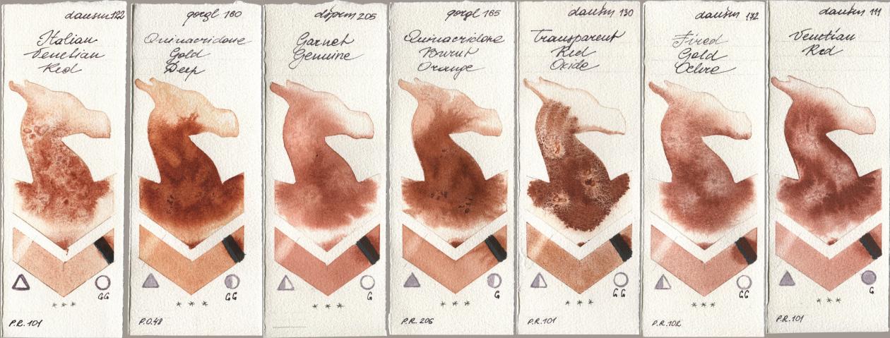 Daniel Smith 122 Italian Venetian Red, Golden QOR 160 Quinacridone Gold Deep, 205 Garnet Genuine, 165 Quinacridone Burnt Orange, 130 Transparent Red Oxide, 172 Fired Gold Ochre, 111 Venetian R watercolor swatch