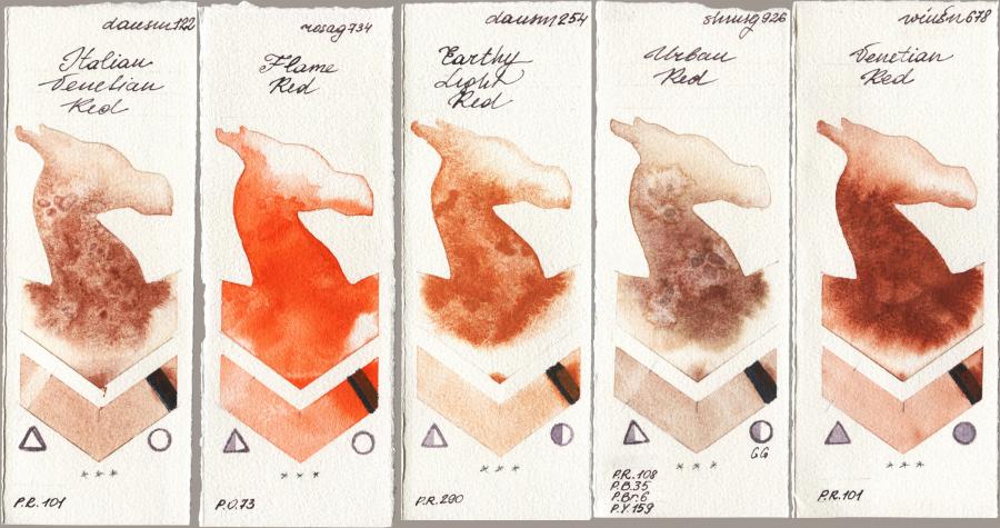 Daniel Smith 122 Italian Venetian Red vs Rosa Gallery 734 Flame Red vs 254 Earthy Light Red vs Shminke Horadam Aquarell 926 Urban Red vs Winsor & Newton Professional 678 Venetian Red watercolor swatch