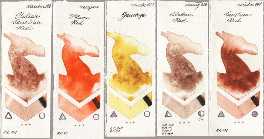 Daniel Smith 122 Italian Venetian Red vs Rosa Gallery 734 Flame Red vs Royal Talens Rembrandt Watercolour 238 Gamboge vs Shminke Horadam Aquarell 926 Urban Red vs Winsor & Newton Professional 678 Venetian Red watercolor swatch