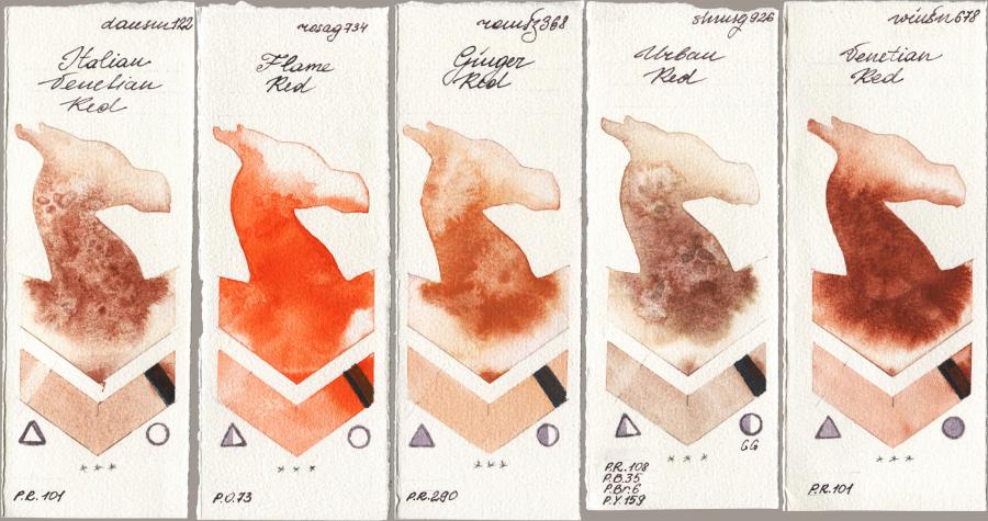 Daniel Smith 122 Italian Venetian Red vs Rosa Gallery 734 Flame Red vs Roman Szmal Aquarius 368 Genger Red vs Shminke Horadam Aquarell 926 Urban Red vs Winsor & Newton Professional 678 Venetian Red watercolor swatch