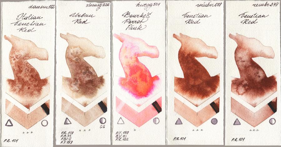Daniel Smith 122 Italian Venetian Red vs Shminke Horadam Aquarell 926 Urban Red vs Holbein Artists Watercolor 501 Bourkes Parrot Pink vs Winsor & Newton Professional 678 Venetian Red vs Royal Talens Rembrandt Watercolour 349 Venerian Red watercolor swatch