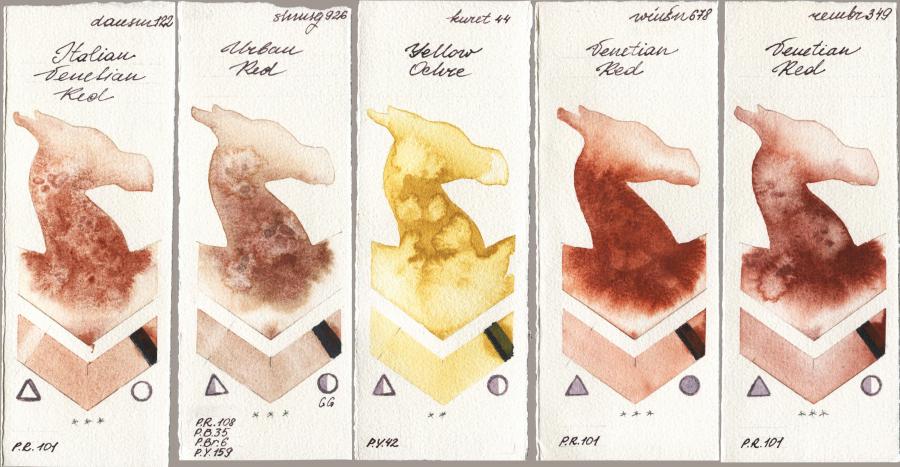 Daniel Smith 122 Italian Venetian Red vs Shminke Horadam Aquarell 926 Urban Red vs Kuretake Gansai Tambi 044 Yellow Ochre vs Winsor & Newton Professional 678 Venetian Red vs Royal Talens Rembrandt Watercolour 349 Venerian Red watercolor swatch