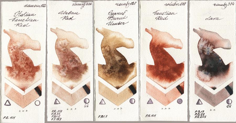 Daniel Smith 122 Italian Venetian Red vs Shminke Horadam Aquarell 926 Urban Red vs Roman Szmal Aquarius 128 Cyprus Burnt Umber vs Winsor & Newton Professional 678 Venetian Red vs 384 Lava watercolor swatch