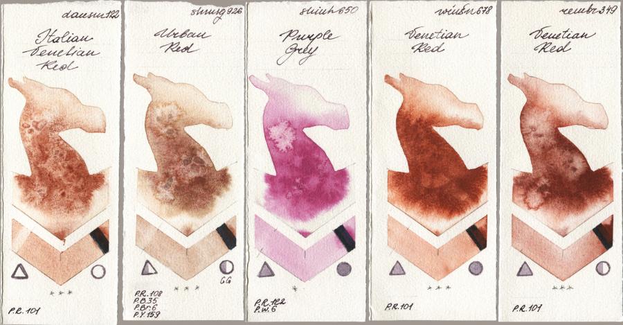 Daniel Smith 122 Italian Venetian Red vs Shminke Horadam Aquarell 926 Urban Red vs Shinhan PWC 650 Purple Grey vs Winsor & Newton Professional 678 Venetian Red vs Royal Talens Rembrandt Watercolour 349 Venerian Red watercolor swatch