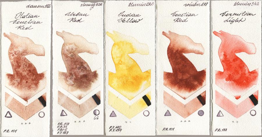 Daniel Smith 122 Italian Venetian Red vs Shminke Horadam Aquarell 926 Urban Red vs 220 Indian Yellow vs Winsor & Newton Professional 678 Venetian Red vs 342 Vermilion Light watercolor swatch