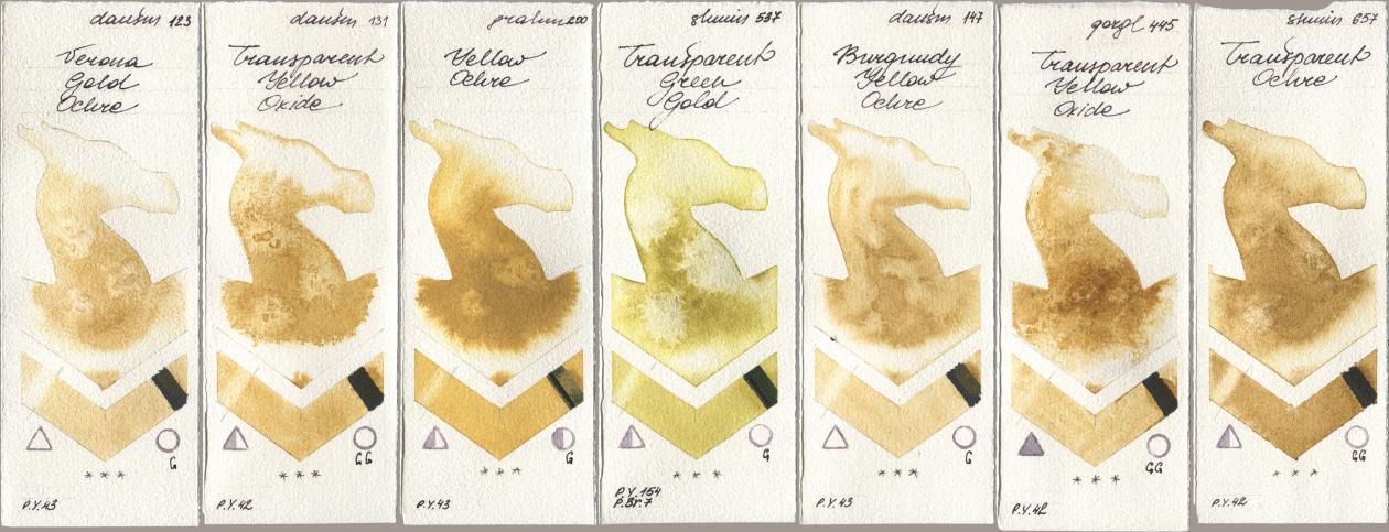 Daniel Smith 123 Verona Gold Ochre, 131 Transparent Yellow Oxide, M. Graham & Co. Artists 200 Yellow Ochre, Shminke Horadam Aquarell 537 Transparent Green Gold, 147 Burgundy Yellow Ochre, Golden QOR 445 Transparent Yellow Oxide, 657 Transparent Och watercolor swatch