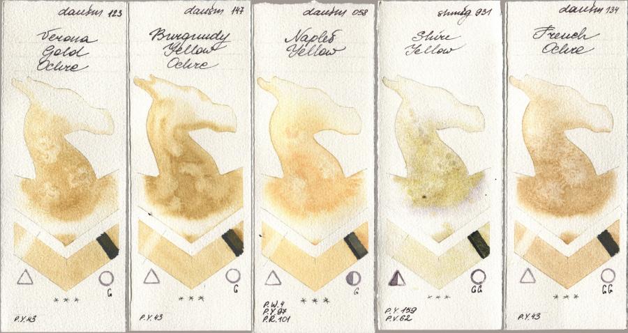 Daniel Smith 123 Verona Gold Ochre, 147 Burgundy Yellow Ochre, 058 Naples Yellow, Shminke Horadam Aquarell 931 Shire Yellow, 134 French Och watercolor swatch