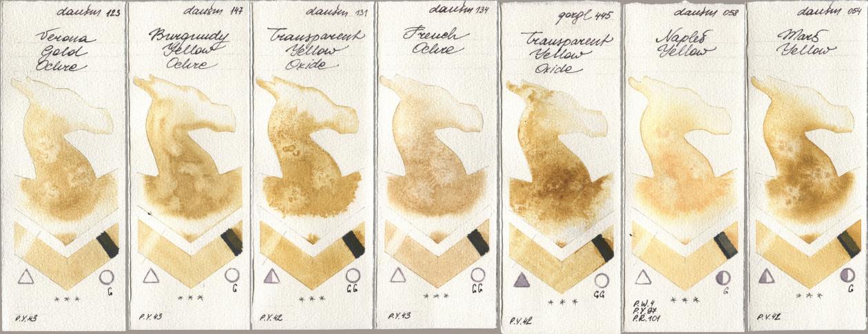 Daniel Smith 123 Verona Gold Ochre, 147 Burgundy Yellow Ochre, 131 Transparent Yellow Oxide, 134 French Ochre, Golden QOR 445 Transparent Yellow Oxide, 058 Naples Yellow, 054 Mars Yell watercolor swatch