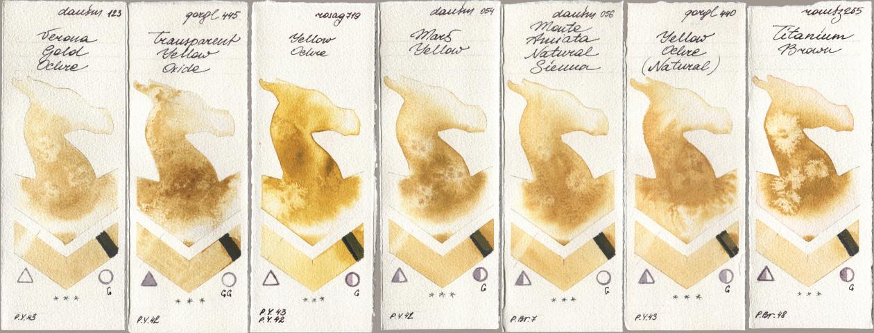 Daniel Smith 123 Verona Gold Ochre, Golden QOR 445 Transparent Yellow Oxide, Rosa Gallery 719 Yellow Ochre, 054 Mars Yellow, 056 Monte Amiata Natural Sienna, 440 Yellow Ochre (Natural), Roman Szmal Aquarius 265 Titanium Bro watercolor swatch